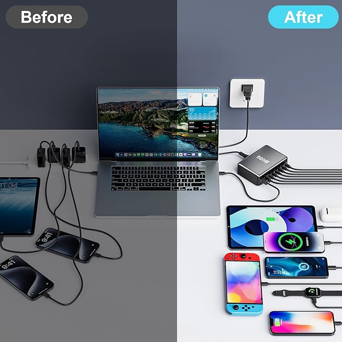500W USB C Fast Charger Block Multi-port USB Charging Station GaN Ⅲ Double 100W PD PPS Port Fast Charging Station for Multiple DevicesLaptop Wall Charger Compatible with MacBook iPhone 17iPad etc