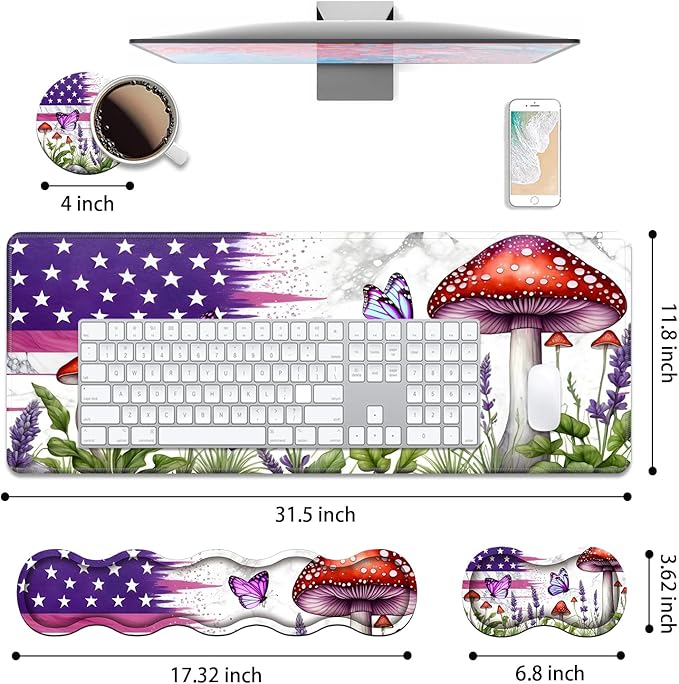 4 in 1 Ergonomic Keyboard Wrist Rest &amp Mouse Pad Wrist Rest Set Large XXL Gaming Desk Mat 31.5x 11.8 with Non-Slip Base Memory Foam for Home Office Study Gaming American Flag Mushroom Butterf