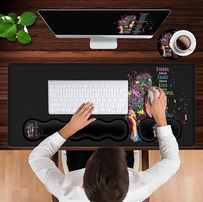 Extended Large Mouse Pad+Keyboard Wrist Rest Support  Ergonomic Memory Foam Wrist Rest 4Pcs (31.5×11.8 in) Desk Pad Set for Home Office Anime African American Woman XXL Gaming Black Mouse Pad
