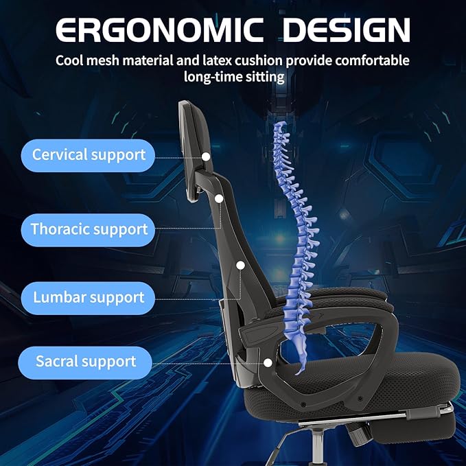 Gaming Chair Ergonomic Office Recliner with Lumbar Support High Back and Height Adjustable Computer Desk Chair with Mesh Back and 360° Swivel for Teens and Adults (Black)