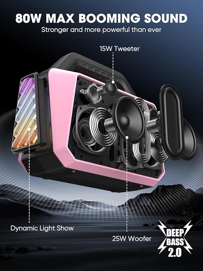 Wireless Bluetooth Speakers - Portable Speaker 80W Peak 20H Playtime Light Shows Loud Speaker with Strong Bass BT 5.3 TWS IPX6 Waterproof for Home Travel Outdoor Beach Camping - Pink