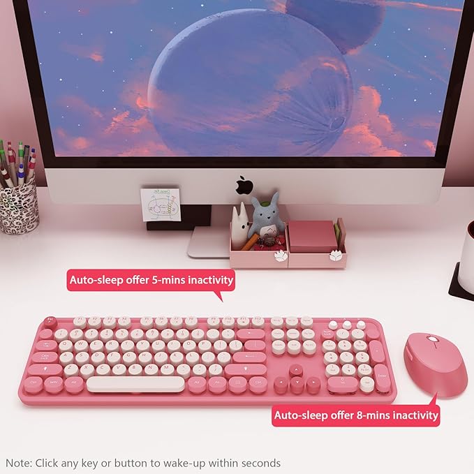 Wireless KeyboardKOOTOP Cute Colorful 104 Keys Typewriter Retro Round Keycaps Keyboard for PC LaptopDesktopWindows Home and Office Keyboards(Pink)