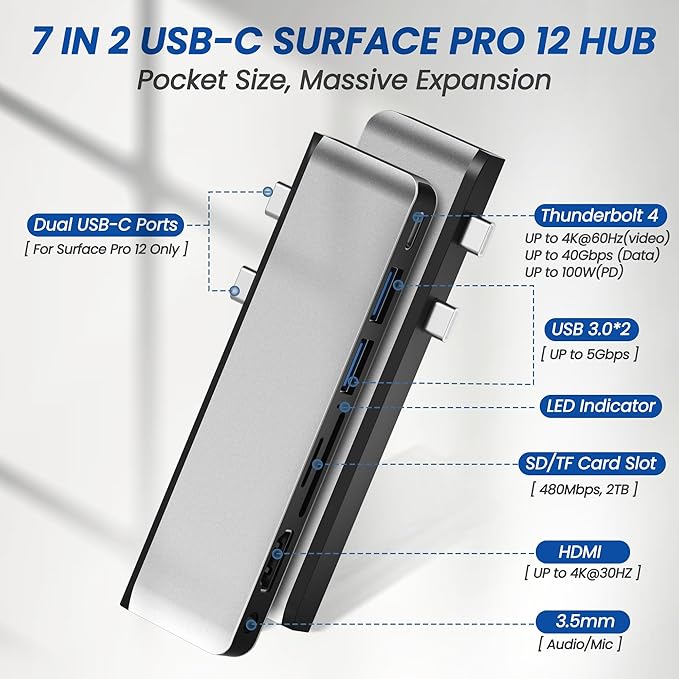 Surface Pro 12 Docking Station Hub Surface Pro 12 Accessories with 4K HDMI USB-C Thunerbolt 4 (4K60Hz Video+Data+100W PD) 3.5mm Audio SD/TF 2*USB 3.0 Hub for Microsoft Surface Pro 12 inch 2025
