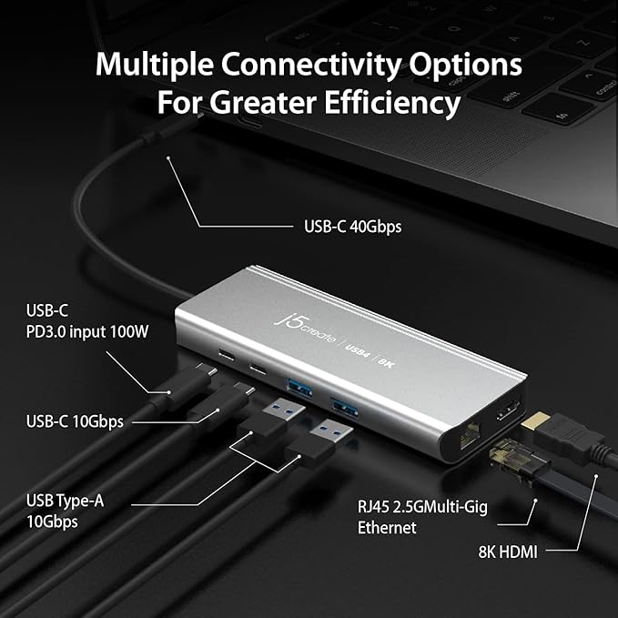 j5create USB4 8K Multi-Function Hub - 8K60/4K144 HDMI 2.5G Ethernet PD Charging 10Gbps USB-A 10Gbps USB-C Ports | Compatible with MacBook Windows Thunderbolt 3/4 and USB4 Devices (JCD403)