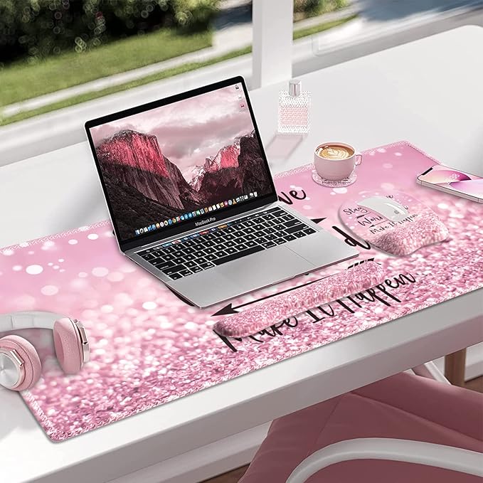 Pink Mouse Pad with Wrist Rest Ergonomic Desk Mat with Stitched Edges Non Slip Wrist Support (Stay Positive)