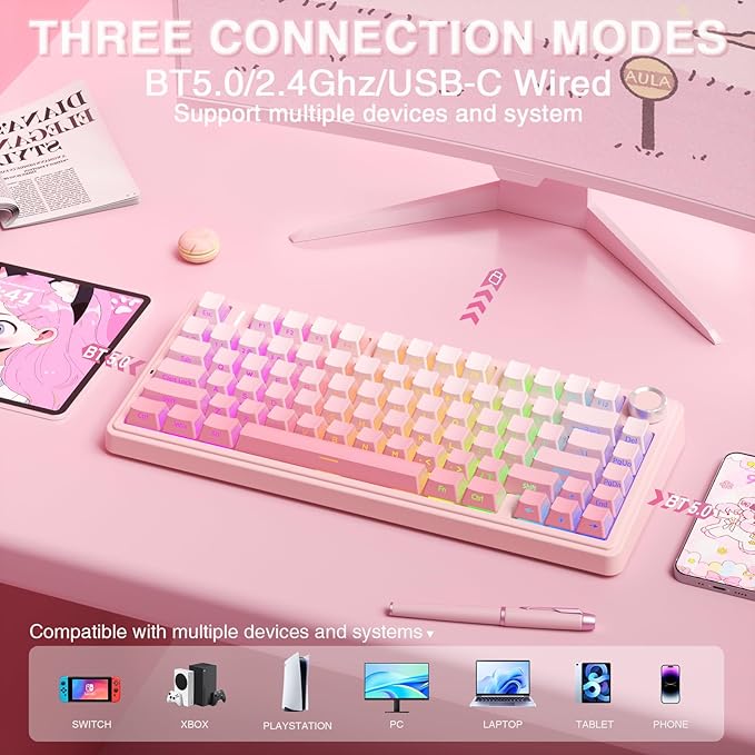 AULA F75 Pro Wireless Mechanical Keyboard Silent Version75% Hot Swappable Custom Keyboard with KnobRGB BacklitPre-lubed SwitchesSide Printed PBT Keycaps2.4GHz/USB-C/BT5.0 PC Gaming KeyboardsPink