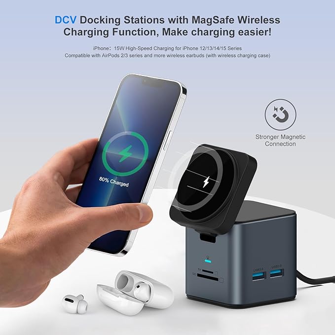 USB C Laptop Docking Station with MagSafe Charger Stand 9 in 1 USB C Hub Multiport Adapter with 4K HDMI 1Gbps Ethernet 3 USB 3.0 SD/TF Compatible with MacBook/Dell/HP/Lenovo/iPhone (Dark Gray)