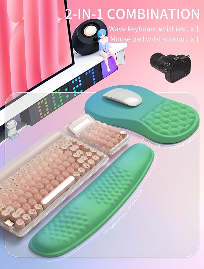 Hokafenle 2in1 Combination Wave Keyboard Wrist Rest and Ergonomic Curvature Mouse Pad Wrist Support for Relieve Wrist Pain Filled with Soft Cushion Memory Foam Gradient Green