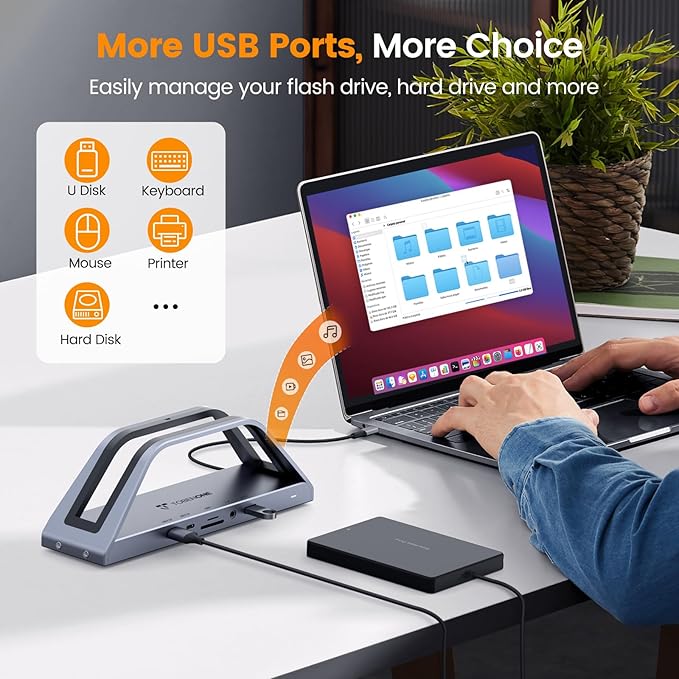 TobenONE 14-in-1 MacBook Pro/Air Docking Station Dual 4K Monitor Laptop Docking Station Stand for MacBook M1/M2/M3/M4/M5 Driver-Based USB C Dock with 65W Power Adapter 2 HDMIVGA 5Gbps USB RJ45