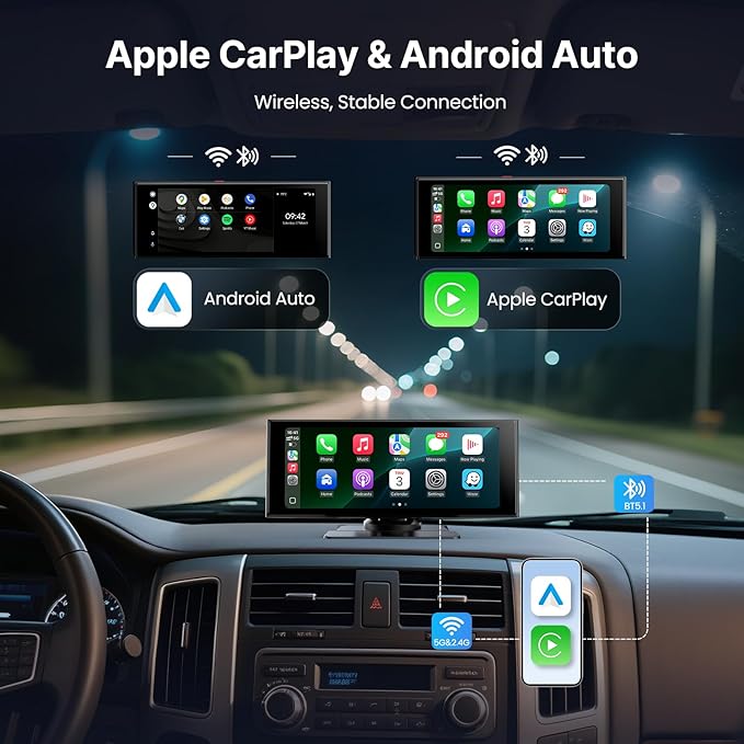 WonVon Wireless Car Play Screen 10.26'' Monitor with Apple Carplay &amp Android Auto 4K Dash Cam 64G 1080P Backup Camera Portable Smart Touch Tablet Stereo Multimedia Dashboard Bluetooth/FM/GPS/