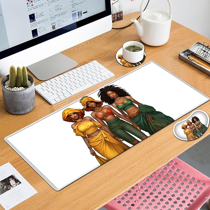 Large Mouse Pad with Mouse Wrist Rest 31.5x11.8 in Extended Mouse Mat Ergonomic Memory Foam Wrist Rest for Work &amp Gaming Writing Pad African American Women Black Girl Pattern White Office Desk