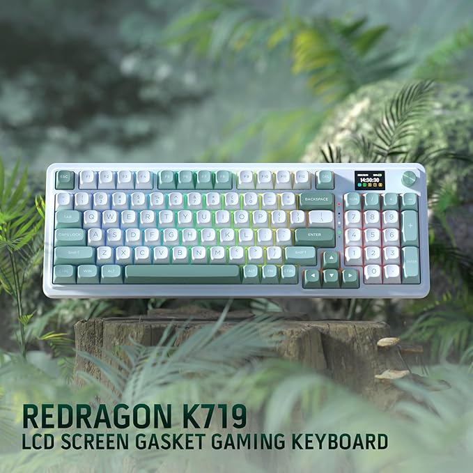 Redragon K719 Wireless Gasket Gaming Keyboard w/Hype Screen &amp Knob 95 Keys Mechanical Keyboard Easy-Control 1.14’’ TFT Info Display 5-Layer Noise Dampening Custom Linear Switch Jade Cloud Col