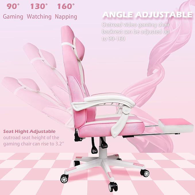 LEMBERI Pink Gaming Chair with footrest Kawaii Cute Pink Gamer Chair for GirlGirls Video Game ChairsComputer Gaming Chair with Headrest and Lumbar Support