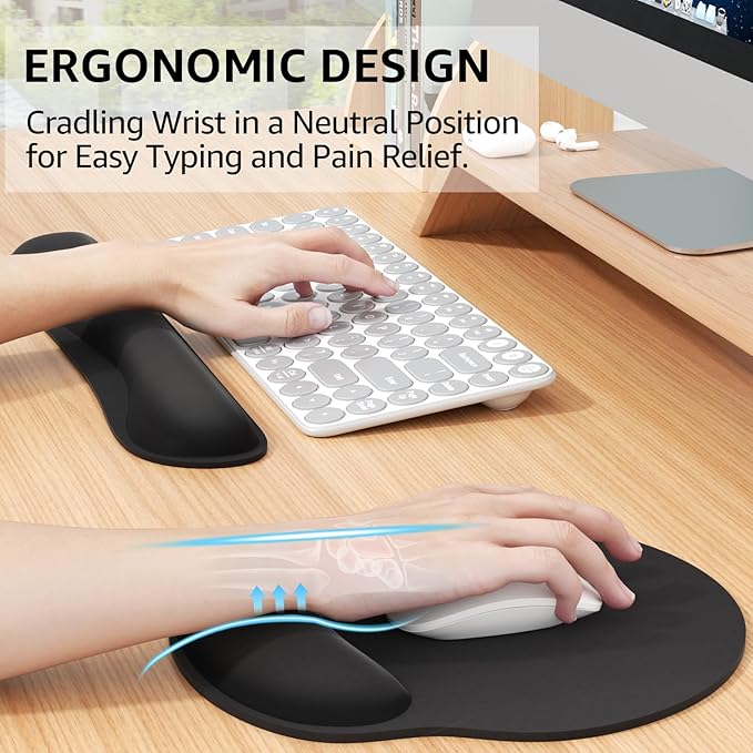 KTRIO Ergonomic Keyboard Wrist Rest Memory Foam Wrist Rest for Computer Keyboard Mouse Pad Set for Easy Typing &amp Pain Relief for Office &amp Home Black