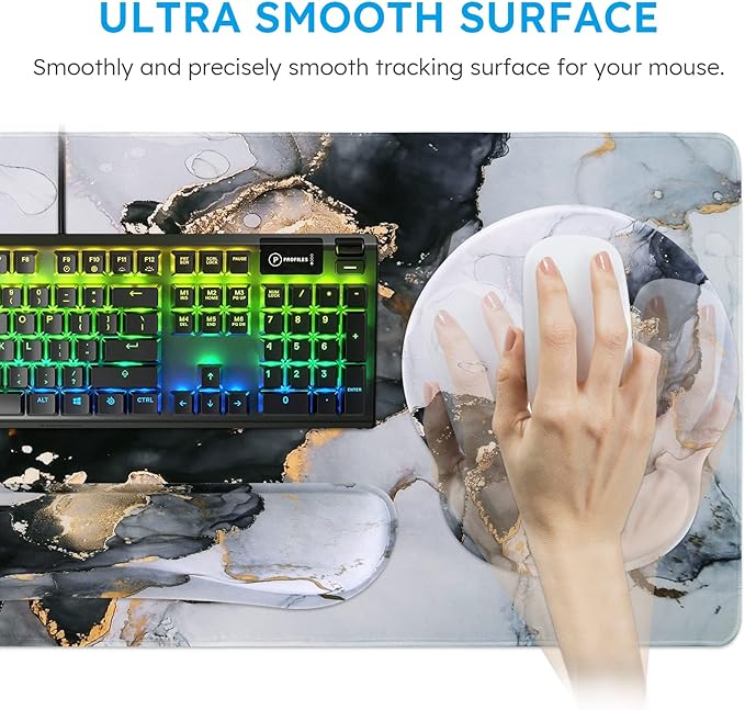 iCasso Desk Mat Gaming Mouse Pad Wrist Support Set4in1 XXL Large Mousepad + Keyboard Wrist Rest+Mouse Wrist Rest+Coaster Set with Ergonomic Design for Home Office Table Computer-Grey Ink Marble