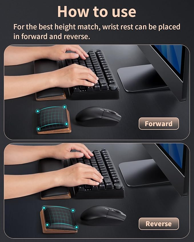 ASFSKY Keyboard and Mouse Wrist Rest Set for 60%-75% Compact Keyboards – Ergonomic Wooden Support Pad with PU Leather &amp Memory Foam Anti-Slip Rubber Base for Gaming Office &amp Typing Pain Reli
