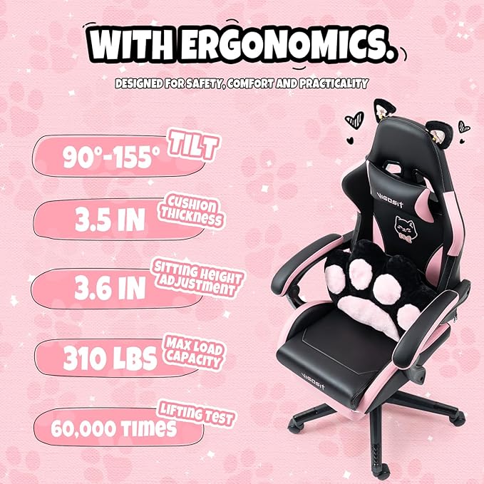 Gaming Chair Cute Cat Computer Chair with Footrest and Headrest Ergonomic Gaming Office Desk Chair with Lumbar Cushion Height Adjustable 360° Swivel Recling Chairs for Women Men
