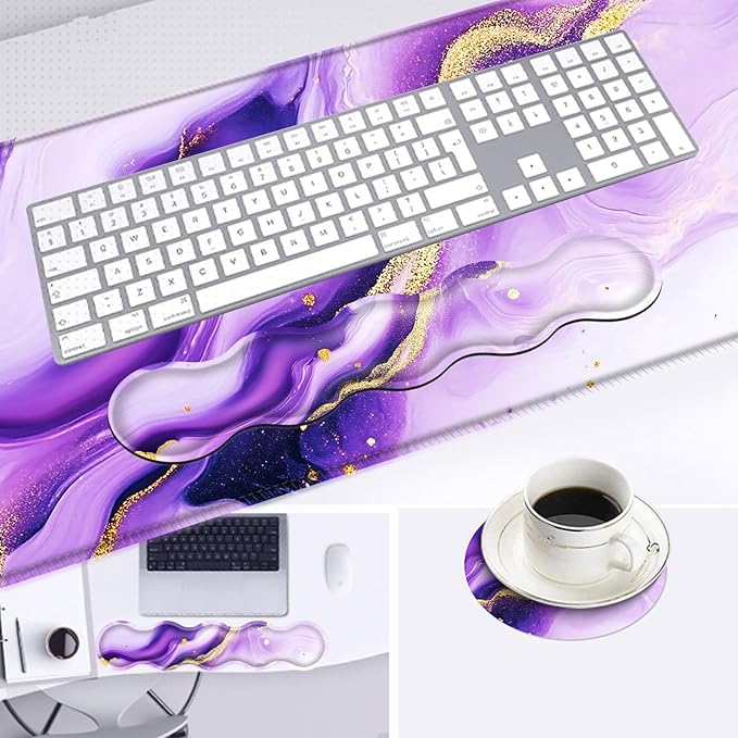 Large Mouse Pad and Keyboard Wrist Rest Desk Pad for Keyboard and Mouse 4-in-1 Large Gaming Mouse Pad with Wrist Support Desk Mat for Home Office Study GamePurple and Gold Marble