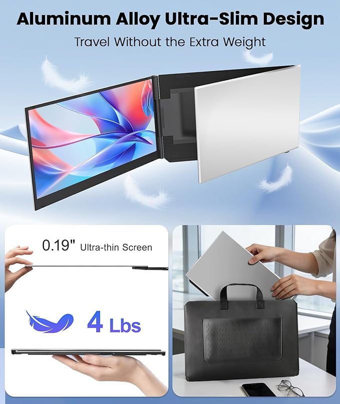 One Cable Laptop Screen Extender 15.6” Ultra-Slim Triple Portable Monitor 1080P FHD IPS Display USB-C/USB-A Connection Travel Monitor for 13–17.3 Laptops MacOS/Windows/Android
