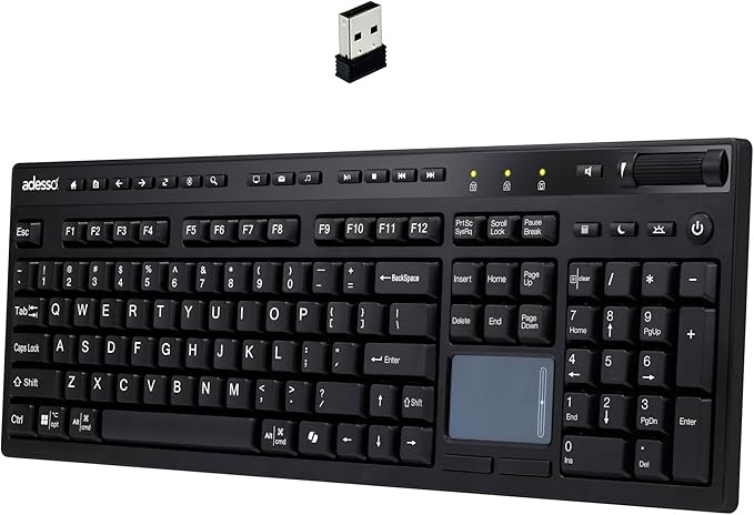 Adesso Wireless Keyboard with Touchpad 104 Key Full Size USB Dongle Receiver Multi OS Support Works with MacOs System &amp Multimedia Hotkeys Volume Control with Scroll Wheel WKB-4450UB