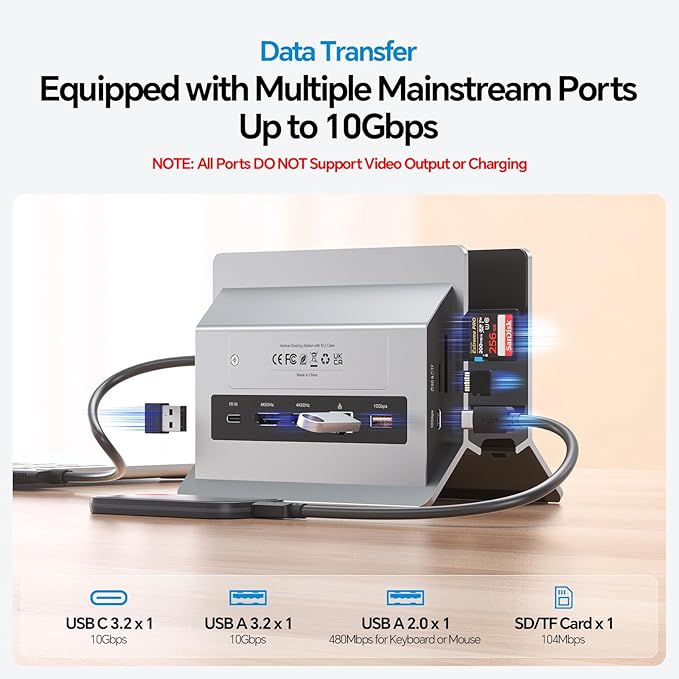 MacBook Docking Station Dual Monitor Vertical Mac Laptop Docking Station Dock Stand with 2 HDMI 4K@60Hz USB A/C 10Gbps PD Ethernet USB 2.0 SD/TF Compatible with MacBook Pro Air M3 M4 M5