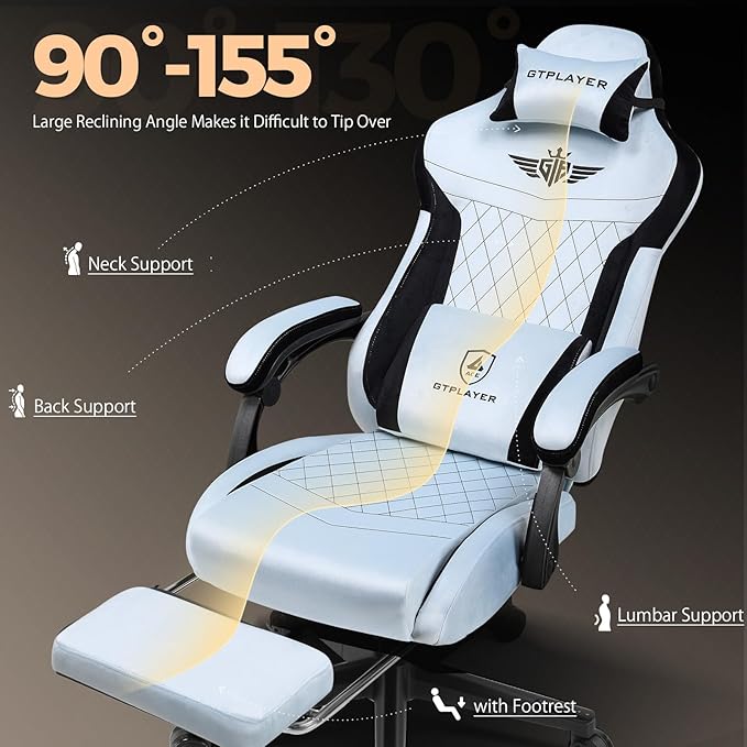 GTPLAYER Gaming Chair with Footrest Big and Tall Game Chair High Back Computer Office Chair with Lumbar Support for Adults Ergonomic Swivel Games Chair with Cushion Gaming Fabric Light Blue