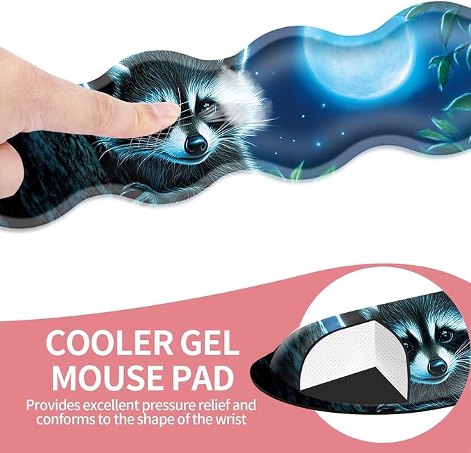 Large Gaming Mouse Pad Keyboard Wrist Rest Pad &amp Wrist Support Mousepad Set Stitched Edge Extended Non-Slip Base Memory Foam Desk Mat for Office HomeCute Raccoon