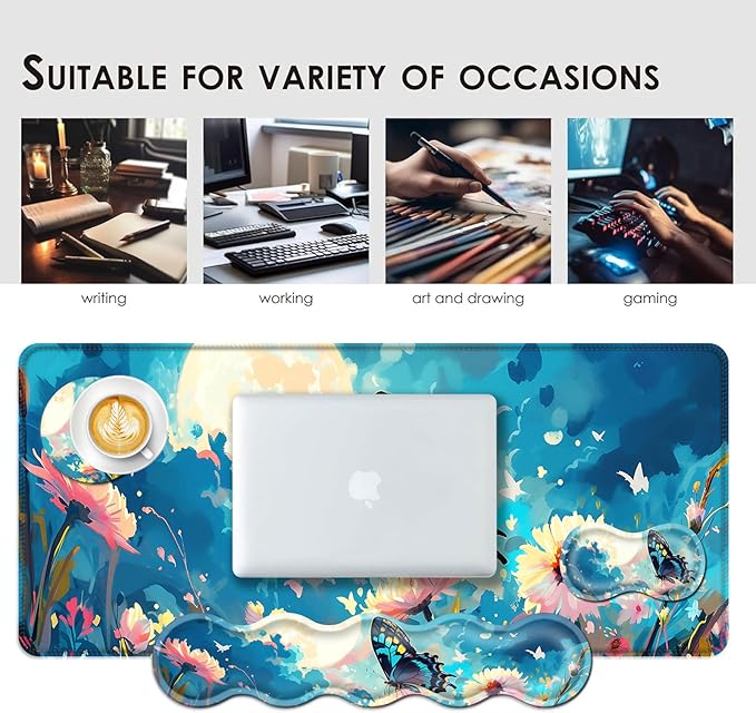 Large Keyboard Mouse Pad Set Extended Mouse Pad+Keyboard Wrist Rest Support Memory Foam Ergonomic Easy Typing 4Pcs (31.5×11.8 in) Desk Pad Set for Office HomeFlowers and Butterflies