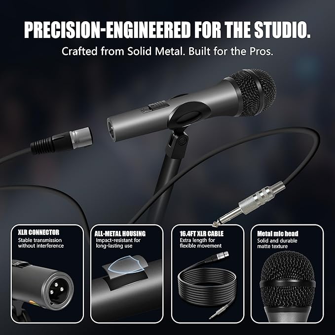 Professional Vocal Microphone for Singing Dynamic Karaoke Handheld Wired Microphone with 16ft XLR to 1/4 Audio Cable Studio Mic for Speaker Amplifier Mixer and Karaoke Machine