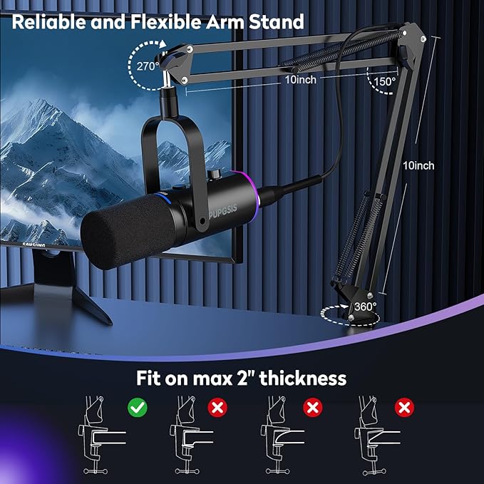XLR/USB Podcast Microphone Gaming Mic with Mute Button Reverb Effects Noise Cancellation Boom Arm Stand Headphones Jack Dynamic Microphone for Streaming/Recording/Gaming/Vocal-Black