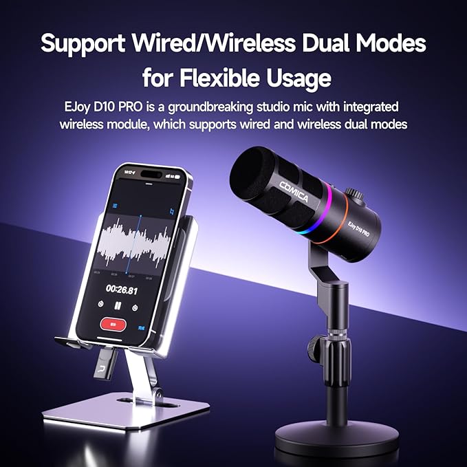 EJoy D10 PRO(D) COMBO Dual-Channel Wireless USB Gaming Microphone – RGB Dynamic Mic with Wired/Wireless Modes XLR/USB-C Real-Time Monitoring Studio Mic for Gaming Streaming Podcast Recording