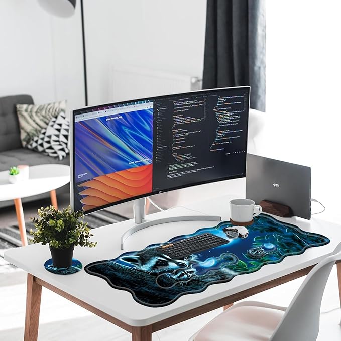 Large Gaming Mouse Pad Keyboard Wrist Rest Pad &amp Wrist Support Mousepad Set Stitched Edge Extended Non-Slip Base Memory Foam Desk Mat for Office HomeCute Raccoon