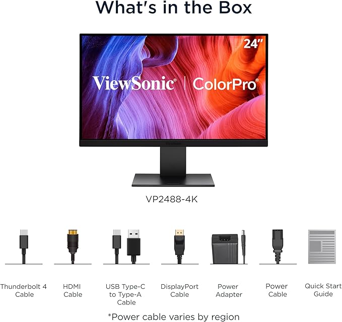 ViewSonic VP2488-4K 24 Inch 4K Mac-Ready Monitor with 100% sRGB 98% DCI-P3 Pantone Validated Advanced Ergonomics Thunderbolt 4 USB Hub HDMI and DP for Home and Office