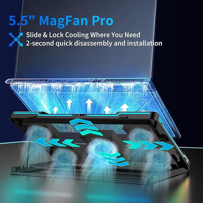 DEPGI Laptop Cooling Pad Laptop Cooler Stand with 5.5 Movable Fan Easy to Clean 10 RGB Light Modes Auto Temp Sensor &amp 3-Speed Manual Control Ultra Quiet ≤40dB for 14–17.3 Inch Laptops