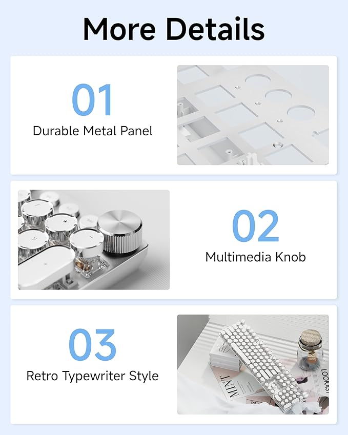 EWEADN Typewriter Style Mechanical Keyboard Wired Typewriter Keyboards104 Keys Backlit LED Metal Keyboards Media Control Knob Wired Computer Keyboard White Switch for Windows/Mac/PC-White