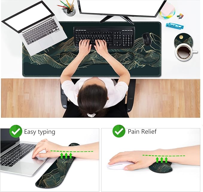 AIMSA Keyboard &amp Mouse Pad Set Extended Desk Mat + Ergonomic Mouse &amp Keyboard Wrist Rest Support 35x15.7in Abstract Gold Sun Mountain