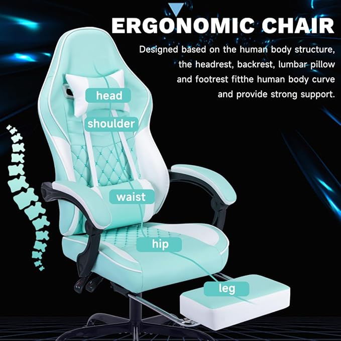 Ergonomic Video Gamer ChairsComputer Gaming Chairs with Massage Lumbar Support and footrestRacing Style Computer Chair Adjustable Headrest for Adults (Green)