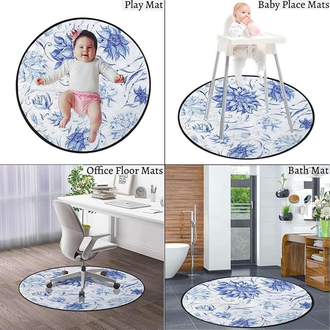 Blue and White Marble Round Area Rug Throw Rugs Soft Washable Small Round Floor Mats for Bedroom Living Room Buds with Leaves Flowers Diameter 59 in