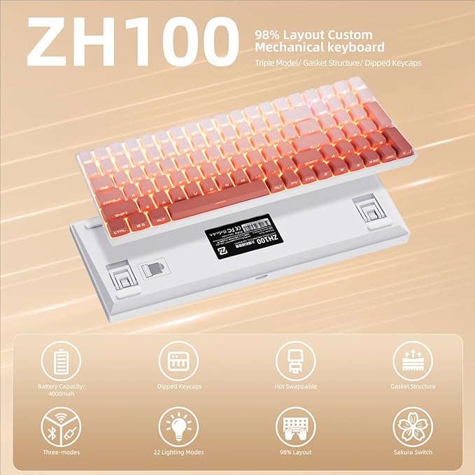 ZORNHER ZH100 Wireless Mechanical Keyboard98% Pink Creamy Keyboard with Number PadFull Size Rose Gold Gaming KeyboardLighted Up PBT Dipped KeycapsCreamy Sounding Linear Switches