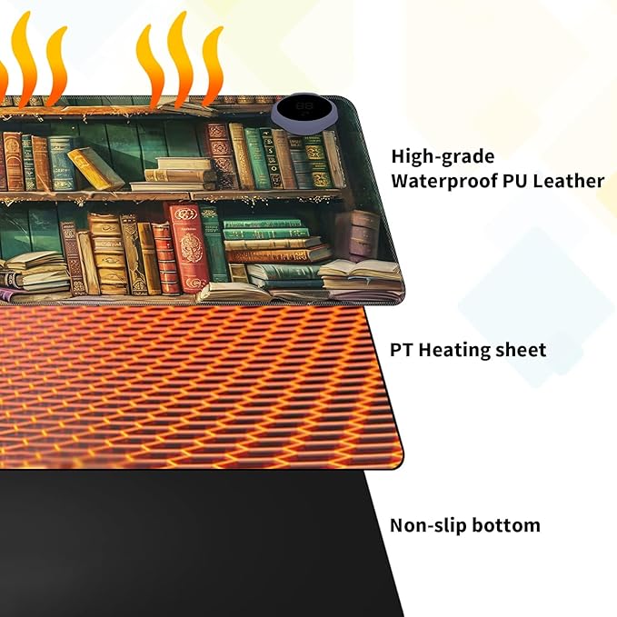 Warm Desk Pad Warm Mouse Pad Gaming Office Desk Matwith 3 Levels Heated &amp 3 Hours Auto Shut - 31.5 x 13 inch PU Leather Laptop Keyboard Mat for Home Office Hand WarmerLibrary Bookshelf