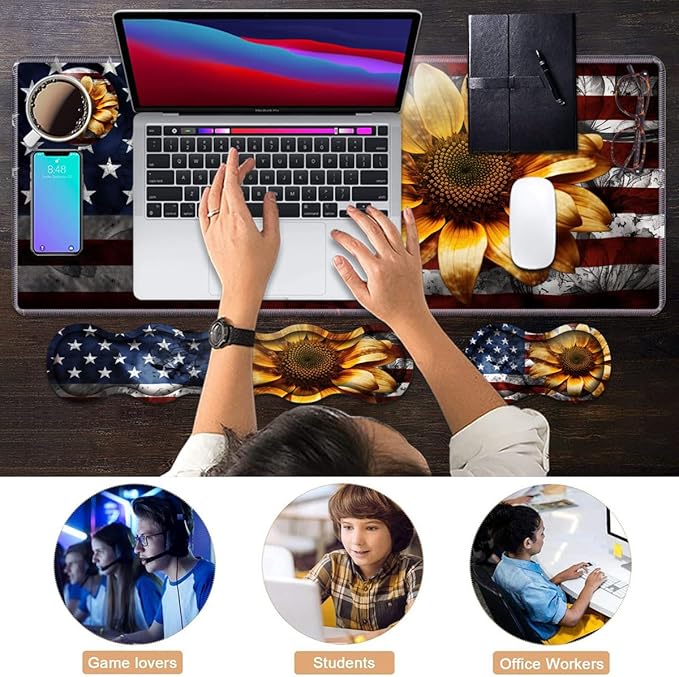 Ergonomic Keyboard Wrist Rest &amp Mouse Pad Wrist Rest Set Large XXL Gaming Desk Mat 31.5x 11.8 with Memory Foam Easy Typing Pain Relief for Office &amp Home American Flag Sunflower