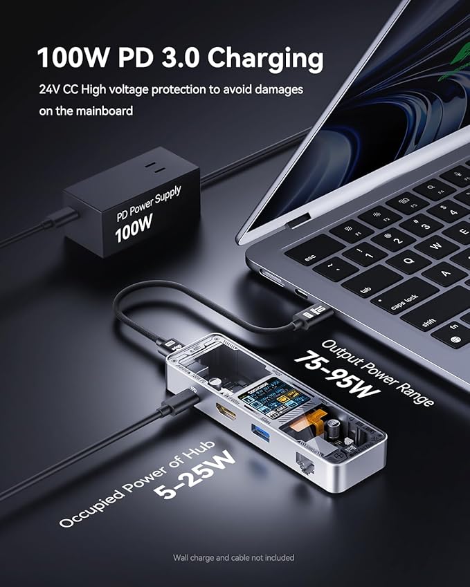 DOCKCASE Explorer Edition Visual Smart USB C Hub (6-in-1) with HDMI Port 4K@60HzGigabit EthernetUSB-C and 2 USB-A 5Gbps Data Ports 100w PD Power Delivery for MacBook Air/Pro XPS and More