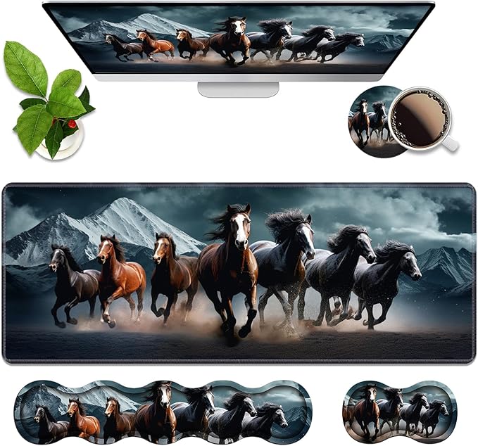 4 in 1 Ergonomic Memory Foam Mouse Pad Wrist Rest Set Large XXL Gaming Desk Pad + Keyboard Wrist Rest + Mouse Wrist Cushion + Coaster for Home Office Study Gaming Running Horses