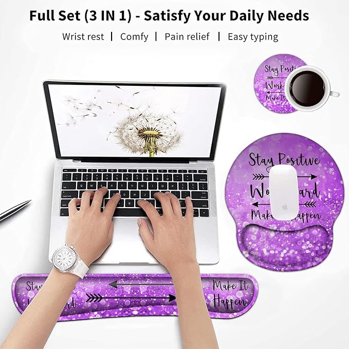 Keyboard Wrist Rest and Mouse Pad with Wrist Support Ergonomic Mouse Pad CoasterEasy Typing Pain ReliefKeyboard Mousepad SetStay Positive Work Hard and Make It Happen Purple Glitter