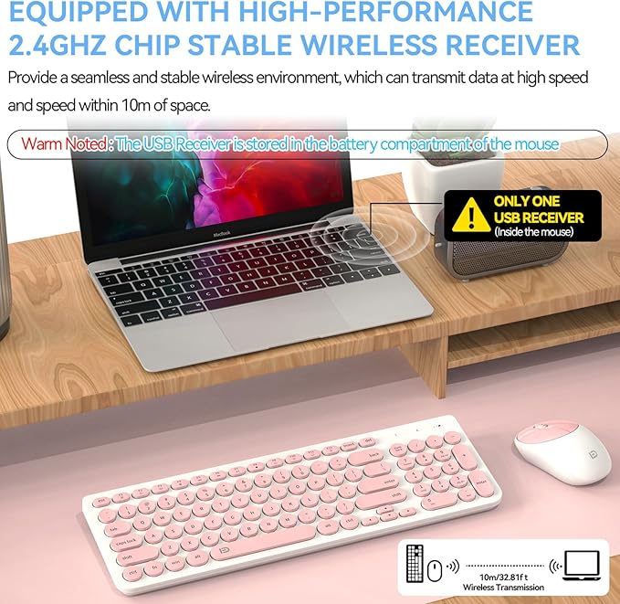 FD iK6630 Wireless Keyboard and Mouse Combo - 2.4GHz USB Cordless Cute Round Keys Quiet and Slim Set for Laptop Computer TV and Mac - Salmon Pink &amp White
