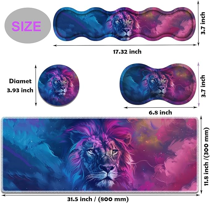 Large Gaming Mouse Pad Keyboard Wrist Rest Pad + Mouse Wrist Pad + Coaster 4 in 1 Set Extended Waterproof Non-Slip Desk Mat Suitable for Office Home Learning Games Blue and Purple Lion