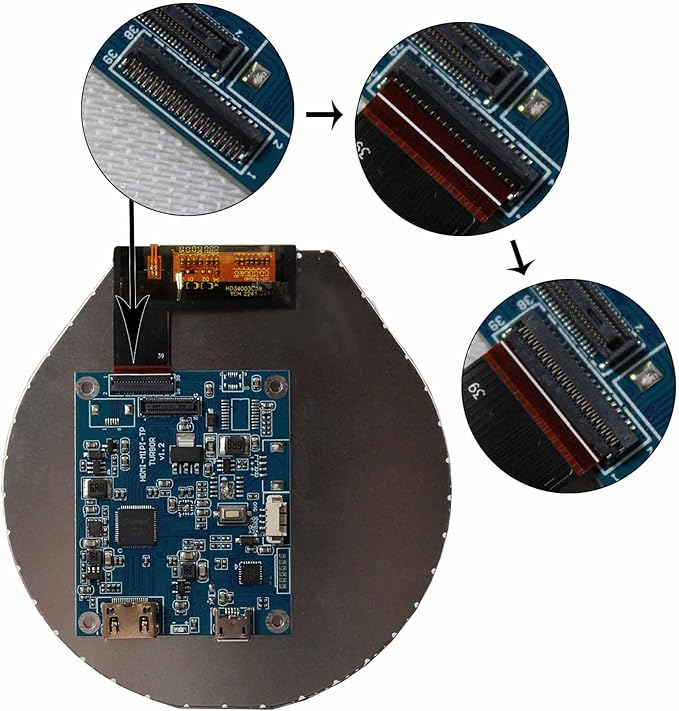 3.4 inch 800x800 IPS MIPI 330nit Round LCD Screen and 39 pins Controller BoardMicro USB Power Port