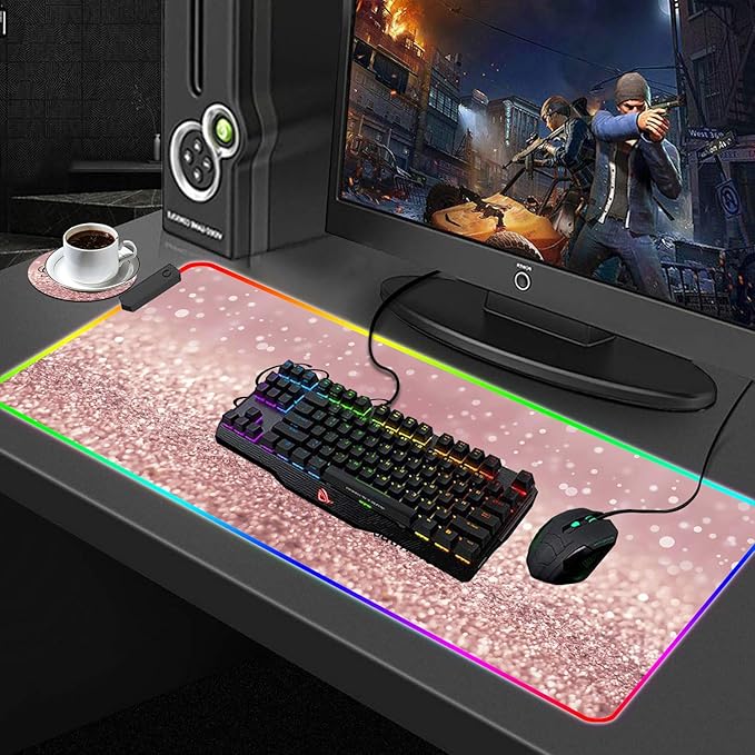 Customized RGB Gaming Mouse Pad and Coffee CoasterLarge Glowing Led Anti-Slip Rubber Base Computer Keyboard Desk Mouse Mat 31.4x11.8 InchRose Gold Glitter Quote Bible Verse Psalm 46-5