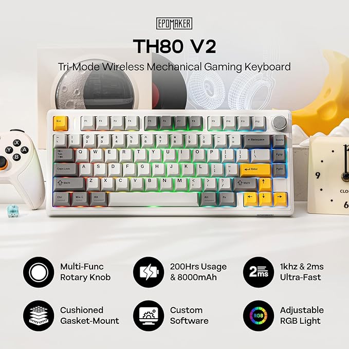 EPOMAKER TH80 V2 75% Wireless Mechanical Keyboard with Metal Knob 8000mAh 2.4Ghz/BT/USB-C RGB Hot Swap Custom Driver PBT Keycap Wireless Gaming Keyboard for PC/Mac (White Sea Salt Silent)