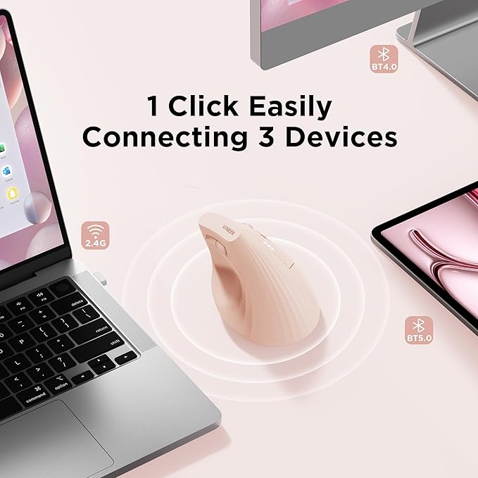 Uineer Ergonomic Wireless Mouse PinkBluetooth Vertical Mouse with BT5.0/4.0/2.4G Rechargeable with Battery IndicatorErgonomic Design for Comfort and Reduced Wrist Strain for HomeOffice Use Pink